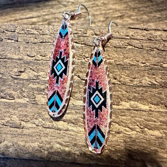Boho Native American Navajo Red and Turquoise Copper Earrings, gift Box - Picture 8 of 8